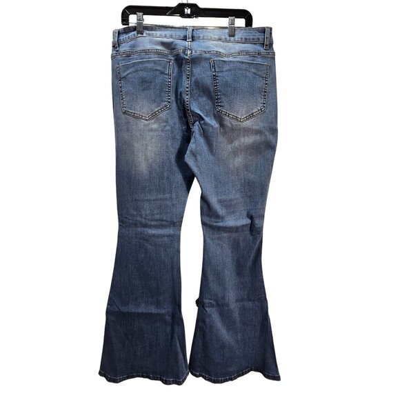 NWOT | High Waisted Distressed Denim Wide Leg Flare Bell Bottom Jeans | 2XL - Picture 2 of 5